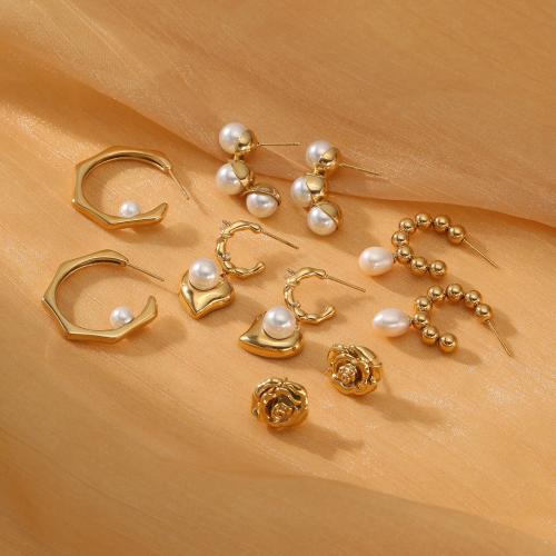 Stainless Steel Stud Earrings 304 Stainless Steel with Plastic Pearl plated & for woman Sold By Pair