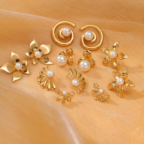 Stainless Steel Stud Earrings 304 Stainless Steel with Plastic Pearl plated & for woman golden Sold By Pair