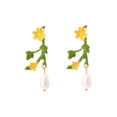 Tibetan Style Stud Earring, with Plastic Pearl, plated, for woman & enamel, golden, 50x22mm, Sold By Pair