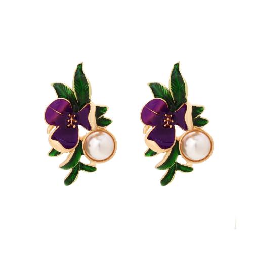 Tibetan Style Stud Earring, plated, for woman & enamel, golden, 42x25mm, Sold By Pair