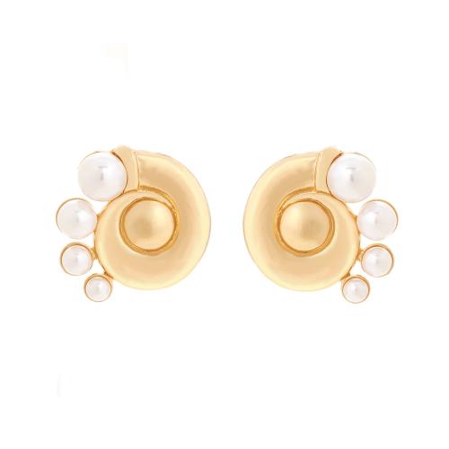 Tibetan Style Stud Earring, with Plastic Pearl, plated, for woman, golden, 31x30mm, Sold By Pair