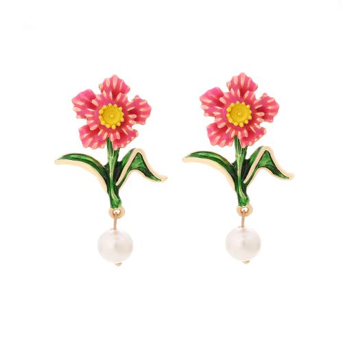 Tibetan Style Stud Earring, with Plastic Pearl, plated, for woman & enamel, golden, 53x31mm, Sold By Pair