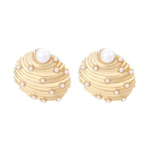 Tibetan Style Stud Earring, with Plastic Pearl, plated, for woman, golden, 38x40mm, Sold By Pair
