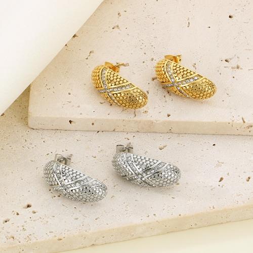 Stainless Steel Stud Earrings 304 Stainless Steel Vacuum Ion Plating for woman & with rhinestone Sold By Pair
