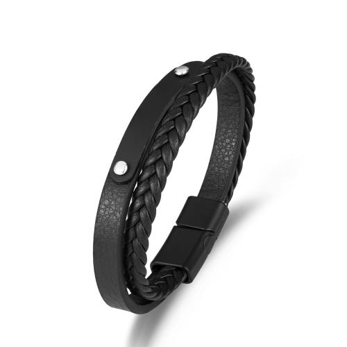 Bracelet cordon en cuir, alliage de zinc, avec cordon en cuir, Placage, Double couche & pour homme, noire, Longueur 21 cm, Vendu par PC