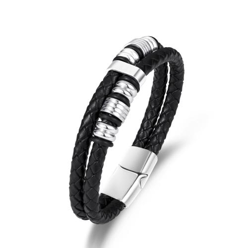 Bracelet cordon en cuir, alliage de zinc, avec cordon en cuir & Acier inoxydable 304, Double couche & pour homme, noire, Longueur:21 cm, Vendu par PC