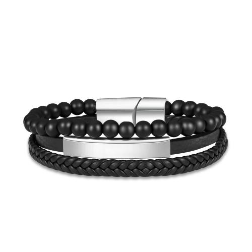 Leather Cord Bracelet Zinc Alloy with Abrazine Stone & leather cord & 304 Stainless Steel Vacuum Ion Plating three layers & for man black Length 21 cm Sold By PC