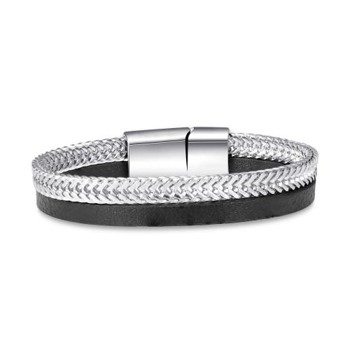 Lederband Armband, Zinklegierung, mit Lederband & 304 Edelstahl, Doppelschicht & unisex, schwarz, Länge:21 cm, verkauft von PC