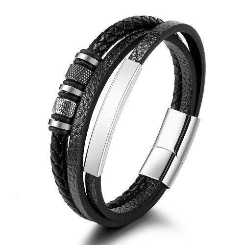 Leather Cord Bracelet 304 Stainless Steel with leather cord Vacuum Ion Plating three layers & for man Length 21 cm Sold By PC