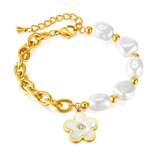 Stainless Steel Jewelry Bracelet, 304 Stainless Steel, with Pearl Oyster & Cubic Zirconia & Freshwater Pearl, with 4cm extender chain, Vacuum Ion Plating, for woman, Length:16.5 cm, Sold By PC