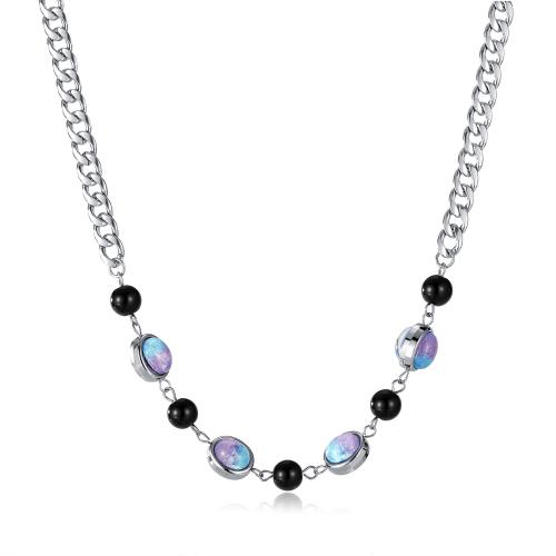 Stainless Steel Jewelry Necklace, 304 Stainless Steel, with Glass & Resin, with 6cm extender chain, Vacuum Ion Plating, for woman, Length:50 cm, Sold By PC