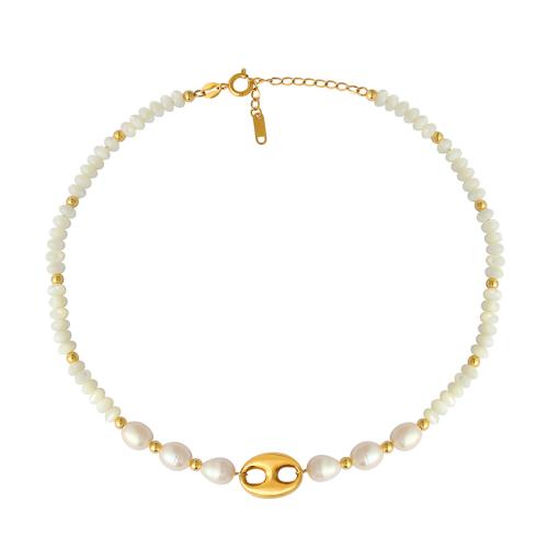 Titanium Steel Necklace, with Glass Beads & Freshwater Pearl, gold color plated, fashion jewelry & for woman, Length:Approx 16-20 Inch, Sold By PC