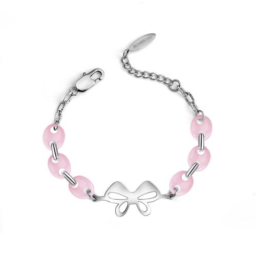 Titanium Steel Bracelet with Porcelain Bowknot fashion jewelry & for woman & hollow Length Approx 6-8.5 Inch Sold By PC