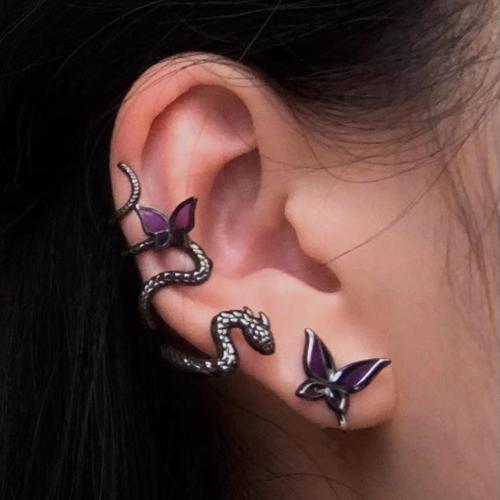 Boucles d'oreilles asymétriques, laiton, bijoux de mode & pour femme & avec strass, violet, Stud earrings 1.2*1cm/ Clip 1.5*3.8cm, Vendu par paire