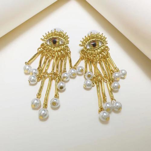 Fashion Fringe Boucles d'oreilles, alliage de zinc, avec perle de plastique, bijoux de mode & pour femme, doré, 77x25mm, Vendu par paire