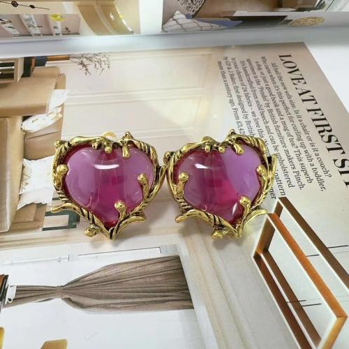 Brassard de boucle d'oreille de mode, alliage de zinc, avec chalumeau, coeur, Placage de couleur d'or, bijoux de mode & pour femme, violet, 31x29mm, Vendu par paire