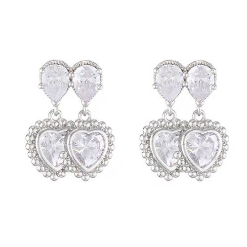 Brass Stud Earring Heart fashion jewelry & for woman & with rhinestone silver color Sold By Pair