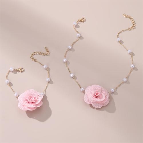 Zinc Alloy Jewelry Sets bracelet & necklace with Cloth & Plastic Pearl with 5cm 4.5cm extender chain 2 pieces & fashion jewelry & for woman Length Approx 36 cm Approx 20 cm Sold By Set