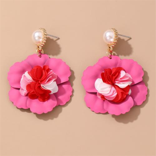 Tibetan Style Stud Earring, with Cloth & Plastic Pearl, Flower, fashion jewelry & for woman, more colors for choice, 40x58mm, Sold By Pair