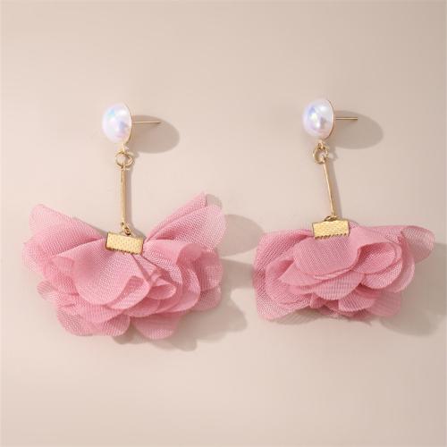 Tibetan Style Stud Earring, with Chiffon & Plastic Pearl, Flower, fashion jewelry & for woman, more colors for choice, 55x70mm, Sold By Pair