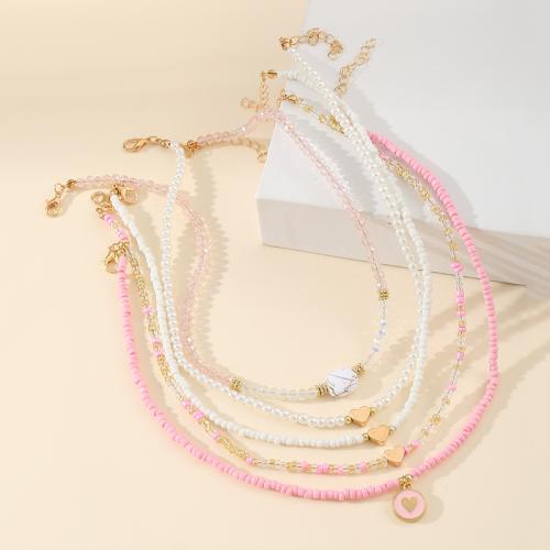 Glass Seed Beads Necklace Seedbead with Zinc Alloy fashion jewelry & multilayer & for woman Sold By Set