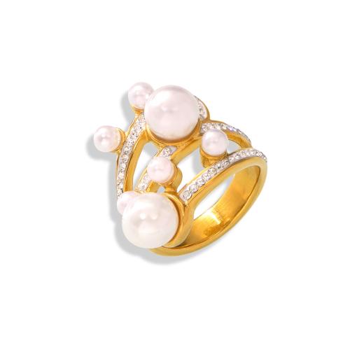 Titanium Steel Finger Ring, with Shell Pearl, 18K gold plated, different size for choice & for woman & with rhinestone, golden, Sold By PC