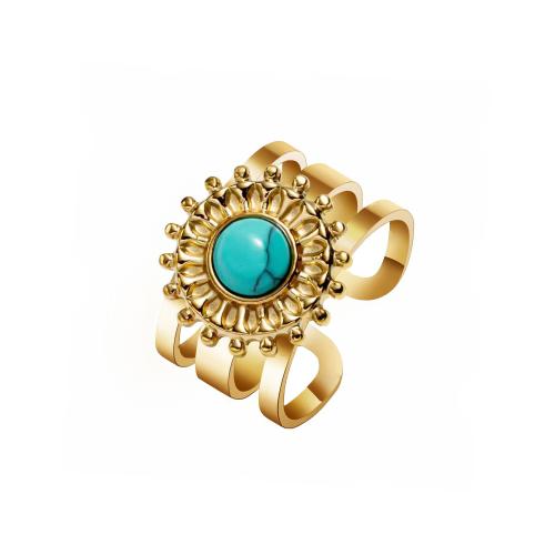 Stainless Steel Finger Ring, 304 Stainless Steel, with turquoise, 18K gold plated, fashion jewelry & for woman, golden, Sold By PC