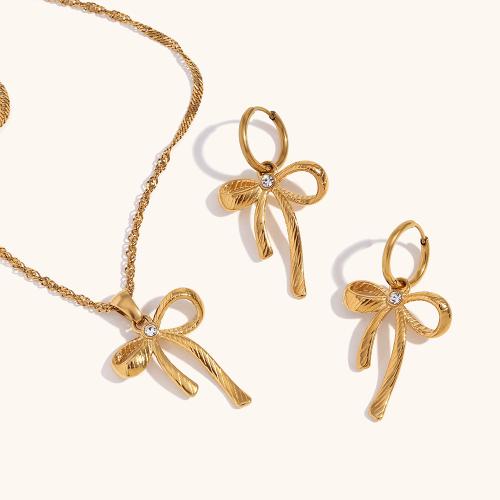 Rhinestone Stainless Steel Jewelry Set, 304 Stainless Steel, with 5cm extender chain, Bowknot, 18K gold plated, different styles for choice & for woman & with rhinestone, golden, Length:Approx 40 cm, Sold By PC