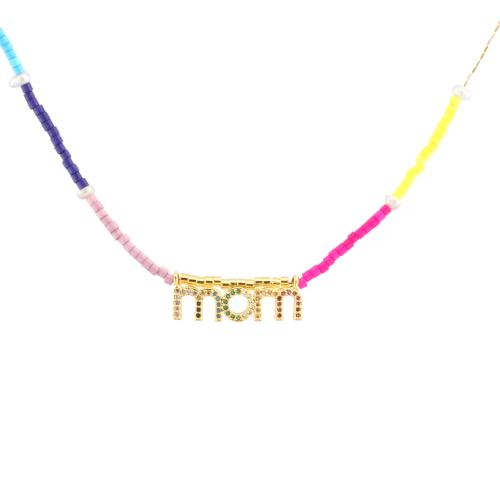 Cubic Zircon Micro Pave Brass Necklace with Glass Beads with 5cm extender chain Alphabet Letter gold color plated Mother Day Jewelry & micro pave cubic zirconia & for woman multi-colored Length Approx 40 cm Sold By PC
