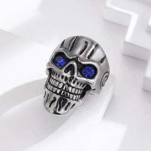 Titanium Steel Finger Ring, Skull, silver color plated, for man & with rhinestone, nickel, lead & cadmium free, Sold By PC