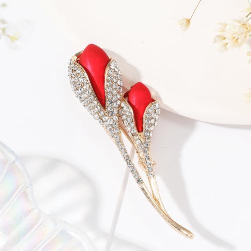 Tibetan Style Brooches, Tulip, gold color plated, fashion jewelry & enamel & with rhinestone, golden, nickel, lead & cadmium free, 24x69mm, Sold By PC