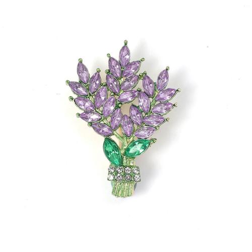 Tibetan Style Brooches, Bouquet, gold color plated, fashion jewelry & with rhinestone, purple, nickel, lead & cadmium free, 31x42mm, Sold By PC