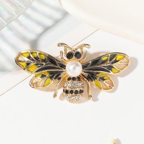 Tibetan Style Brooches, with Plastic Pearl, Bee, gold color plated, fashion jewelry & enamel & with rhinestone, mixed colors, nickel, lead & cadmium free, 56x29mm, Sold By PC