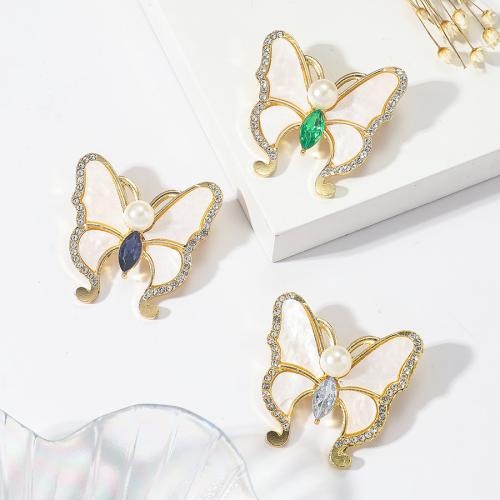 Tibetan Style Brooches, with Shell, Butterfly, gold color plated, fashion jewelry & with rhinestone, more colors for choice, nickel, lead & cadmium free, 34x34mm, Sold By PC