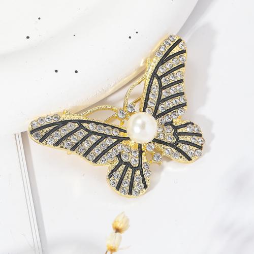Tibetan Style Brooches, with Plastic Pearl, Butterfly, gold color plated, fashion jewelry & with rhinestone, golden, nickel, lead & cadmium free, 47x30mm, Sold By PC