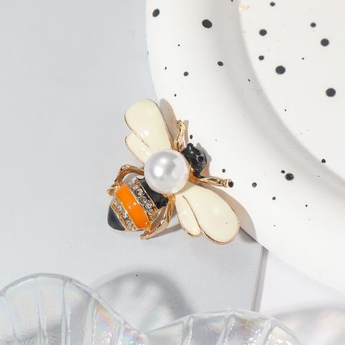 Tibetan Style Brooches, with Plastic Pearl, Bee, gold color plated, fashion jewelry & enamel & with rhinestone, golden, nickel, lead & cadmium free, 26x39mm, Sold By PC