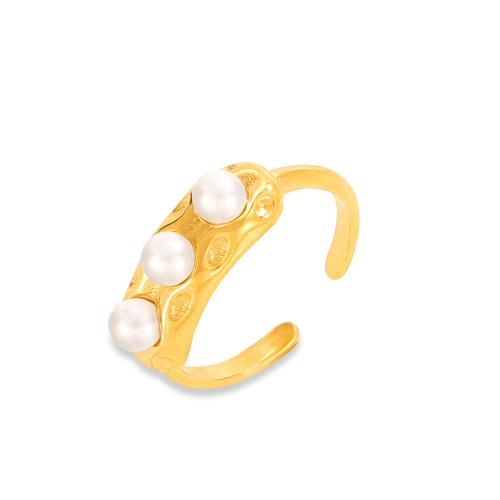 Anel de dedo de aço de partículas, Partículas de aço, with Shell Pearl, joias de moda & para mulher, dourado, tamanho:7, vendido por PC
