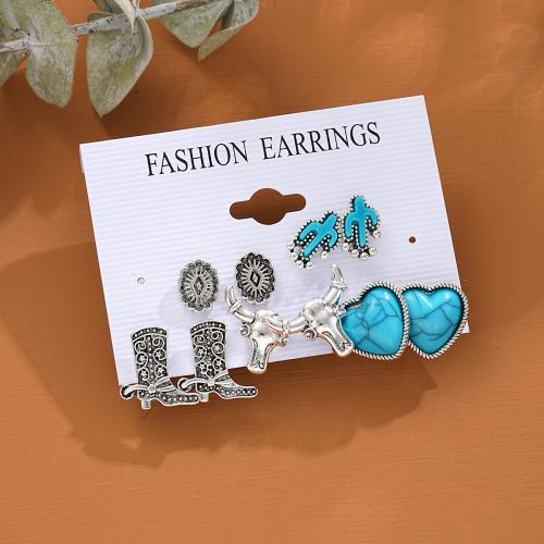 Tibetan Style Stud Earring, with turquoise, 5 pieces & fashion jewelry & for woman, Sold By Set
