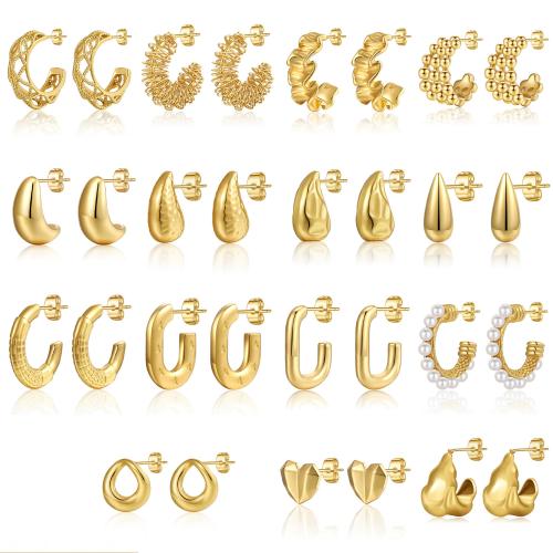 Stainless Steel Stud Earrings, 304 Stainless Steel, with Plastic Pearl, plated, different styles for choice & for woman, golden, Sold By Pair