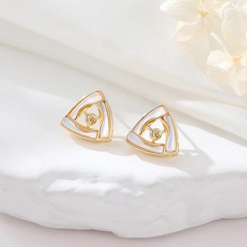 Brass Earring Stud Component with Shell plated DIY & micro pave cubic zirconia Sold By Pair