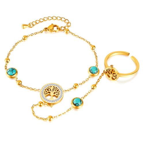 Acier inoxydable 304 bracelet anneau, avec turquoise & zircon cubique, pour femme, Vendu par PC