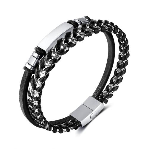 Bijoux bracelet en acier inoxydable, Acier inoxydable 304, avec Aimant & cuir PU, Double couche & pour homme, noire, Longueur:21 cm, Vendu par PC