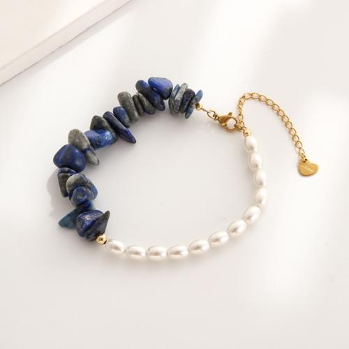 Bracelets de pierres précieuses, Lapis lazuli, avec perle de plastique & Acier inoxydable 304, avec 5cm chaînes de rallonge, Placage de couleur d'or, bijoux de mode, couleurs mélangées, Longueur 18 cm, Vendu par PC