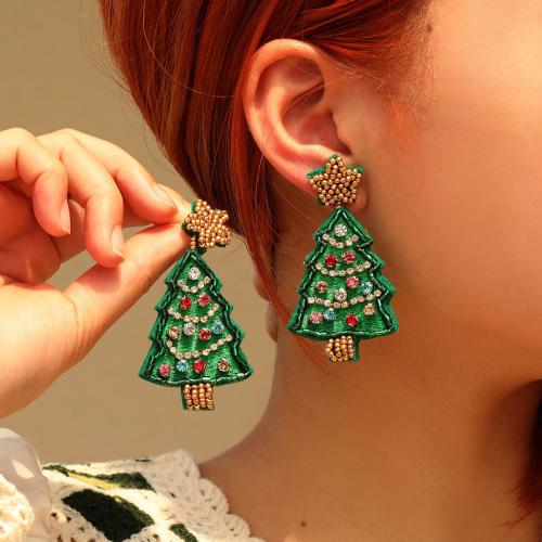 Christmas Earrings, Felt, with Plastic Pearl, Christmas Tree, fashion jewelry & with rhinestone, more colors for choice, 36x68mm, Sold By Pair