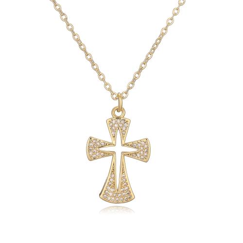 Cubic Zircon Micro Pave Brass Necklace Cross plated & micro pave cubic zirconia & for woman golden Sold By PC