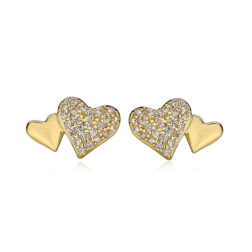 Boucles d'oreilles en laiton zircon cubique pavent, coeur, Placage, pavé de micro zircon & pour femme, doré, Vendu par paire