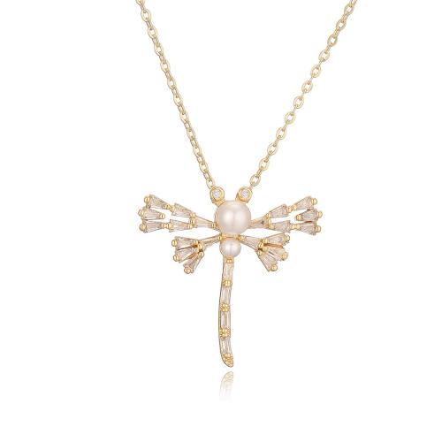 Cubic Zircon Micro Pave Brass Necklace, with Plastic Pearl, Dragonfly, plated, micro pave cubic zirconia & for woman, more colors for choice, Sold By PC