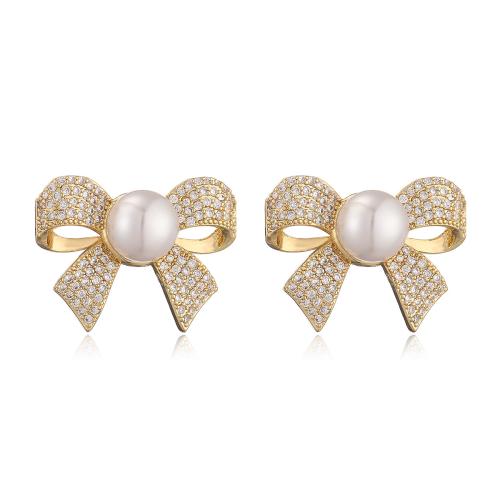 Cubic Zirconia Micro Pave Brass Earring with Plastic Pearl Bowknot plated micro pave cubic zirconia & for woman Sold By Pair