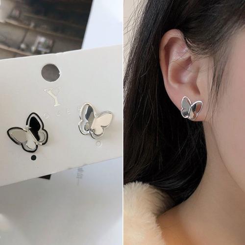 Tibetan Style Stud Earring, Butterfly, fashion jewelry & for woman & hollow, silver color, 12x13mm, Sold By Pair