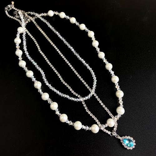 Stainless Steel Jewelry Necklace, 304 Stainless Steel, with Plastic Pearl, fashion jewelry & for woman & with rhinestone, silver color, Length:39.5 cm, 47 cm, 50 cm, Sold By PC